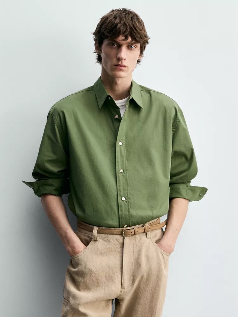 New Zara Men’s Shirt Size XL 100% cotton poplin Olive Green Casual Button-Up